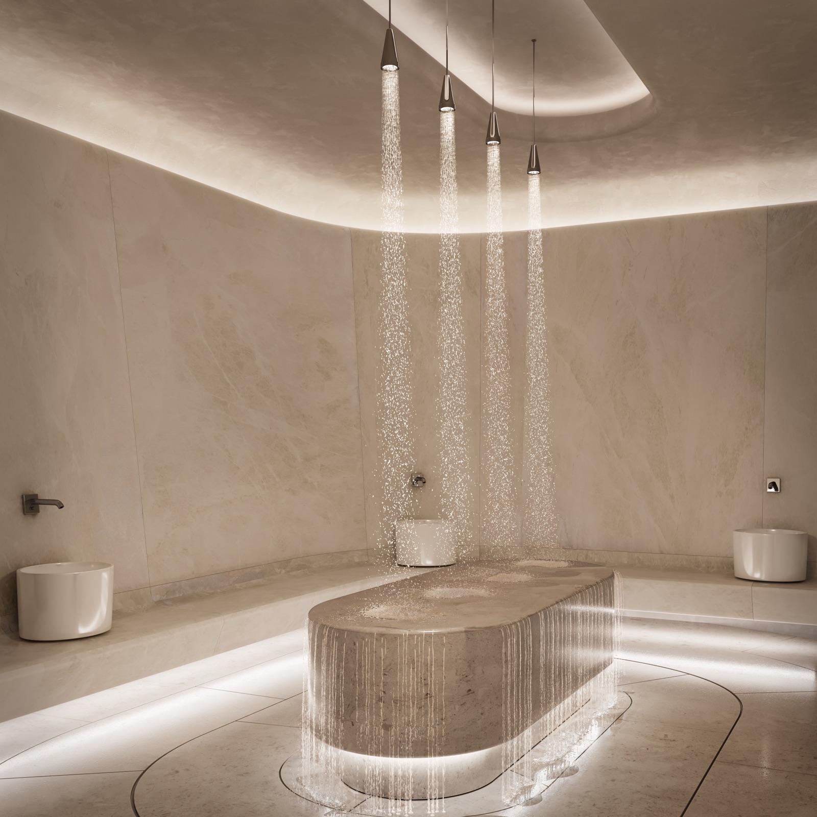 The Turkish hammam at The Rider Residences Wynwood's RESET wellness garden — a serene travertine steam chamber with a heated stone slab and cascading rain-shower water features under soft cove lighting.