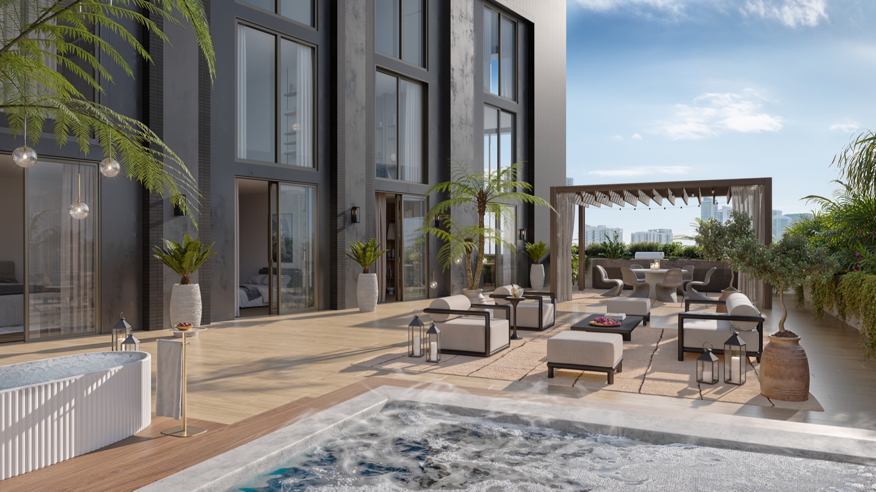 A private Lanai terrace at The Rider Residences Wynwood — a plunge pool, a shaded pergola lounge, and RH-curated outdoor furnishings overlooking the Miami skyline, part of the penthouse and Lanai collection.