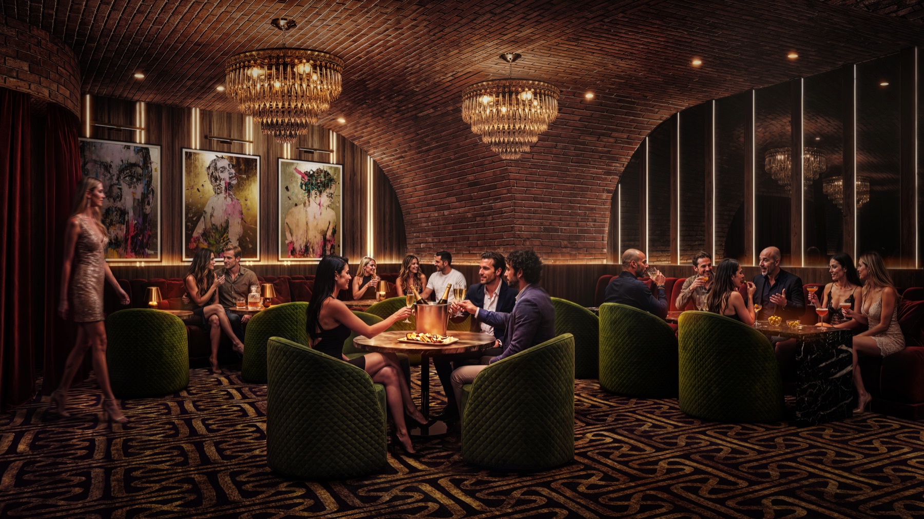 The Leopard Room at The Rider Residences Wynwood — a moody speakeasy lounge with a brick vaulted ceiling, crystal chandeliers, emerald-green velvet seating, and curated contemporary art, designed for evenings out without leaving home.