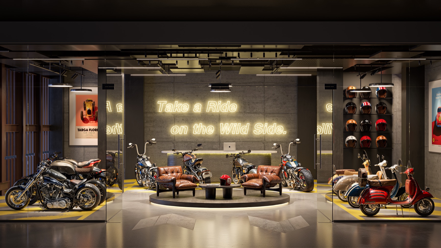 The motorcycle and scooter lounge at The Rider Residences Wynwood — a gated showroom with curated motorcycles, vintage scooters, a wall of helmets, leather seating, and a neon 'Take a Ride on the Wild Side' sign.