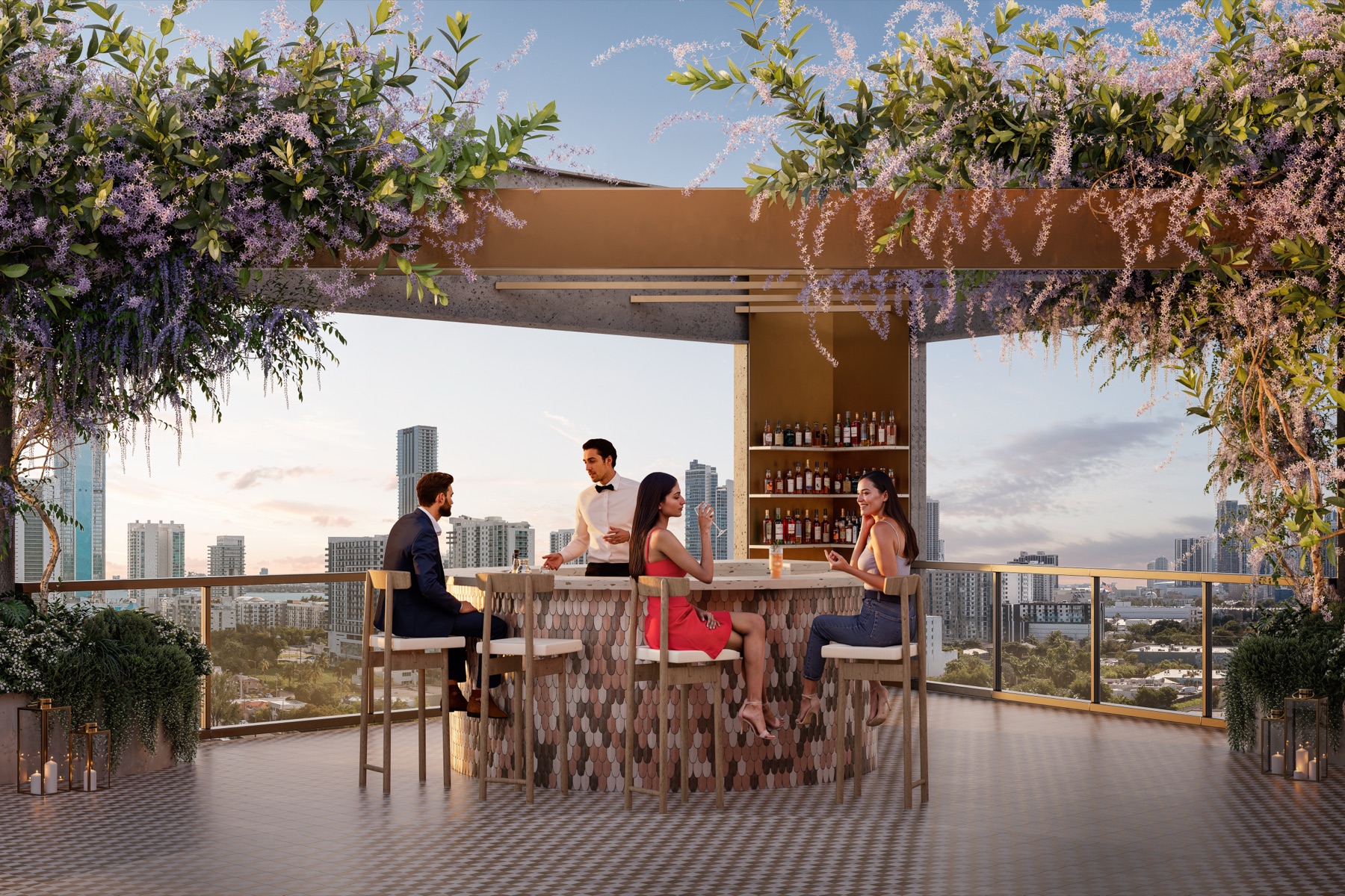 The rooftop pool bar at The Rider Residences Wynwood — a marble bar under a pergola dripping with wisteria and hanging gardens, framed by the Miami skyline at golden hour, with residents lounging poolside.